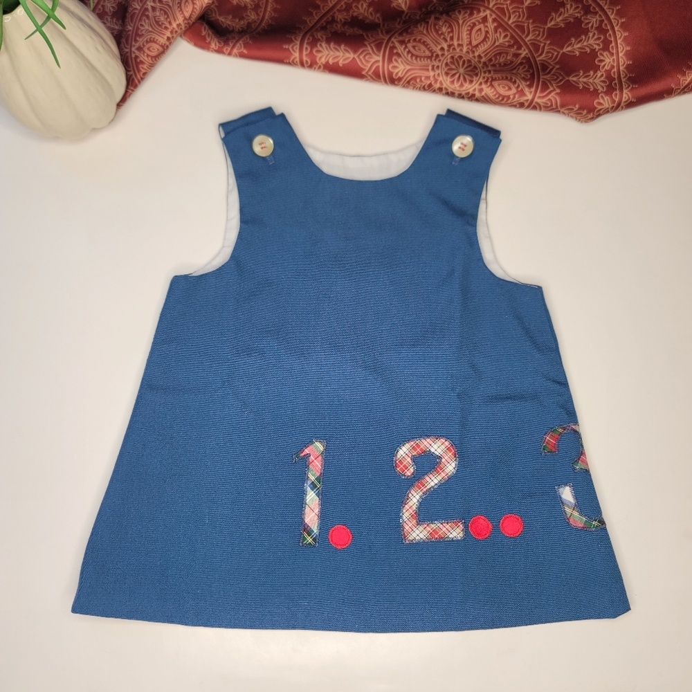 Vintage Chocolate Soup Pinafore Dress Blue 1.2.3. Baby Size Large